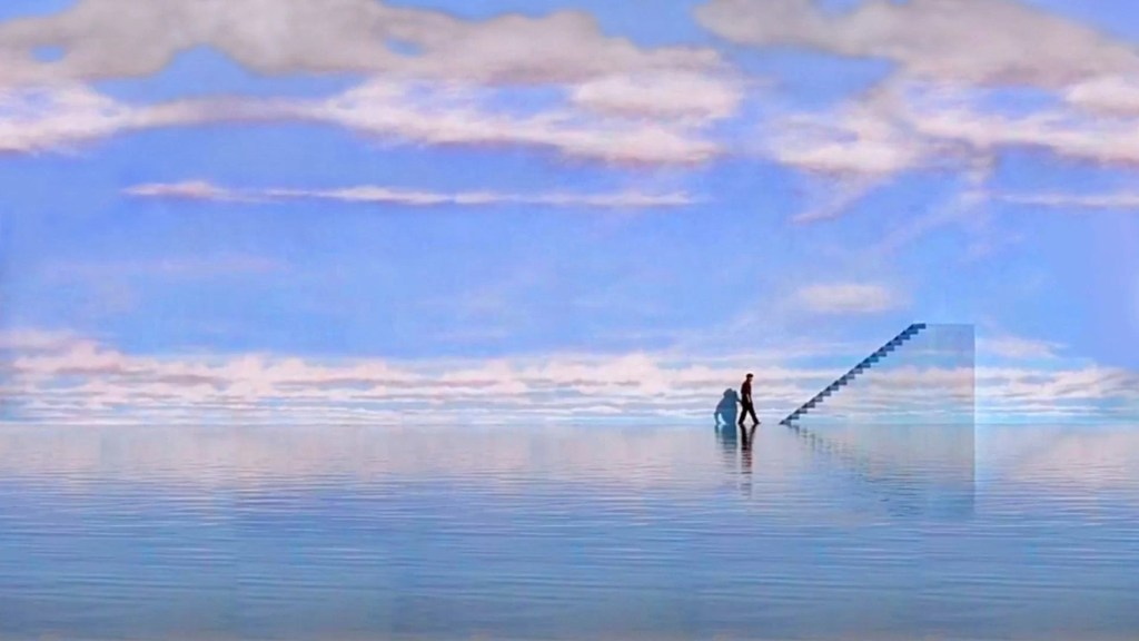 A fake blue sky wall sits behind a body of water. A man climbs a flight of stairs meant to blend in with the wall. From the Truman Show